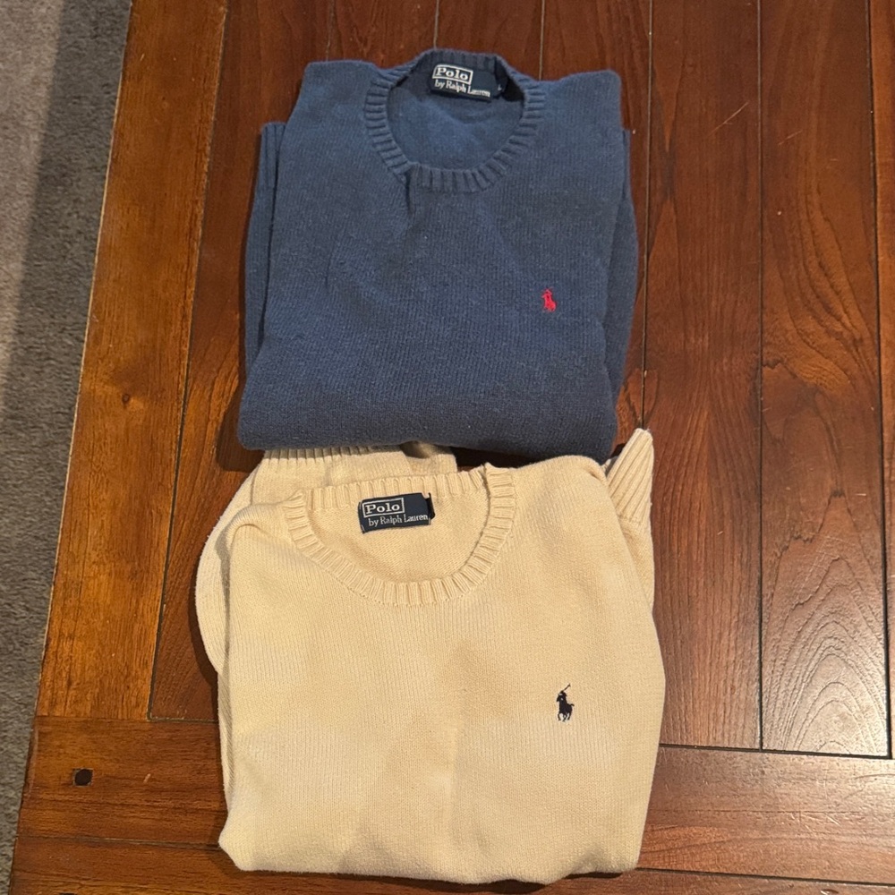 Two Polo by Ralph Lauren Men's Crewneck Sweaters - Navy and Cream - size L